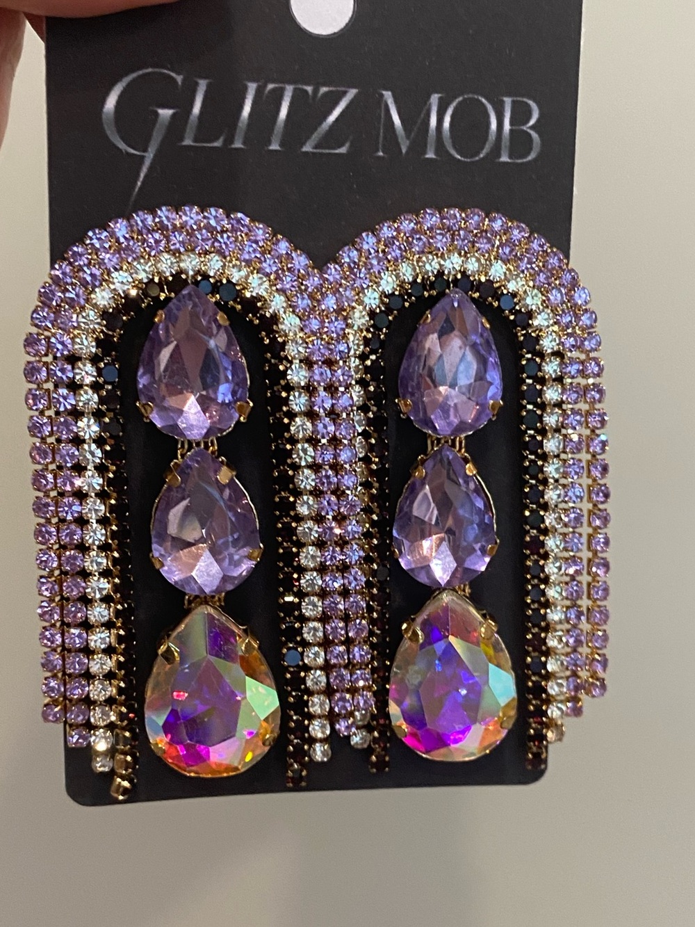 NEW Glitz Mob Lavender and AB Crystal Fringe Earrings - Picture 2 of 3
